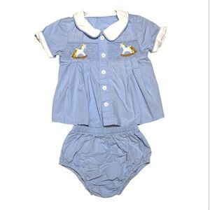 EUC blue collared smocked with rocking horses bloomer set 12/18mo